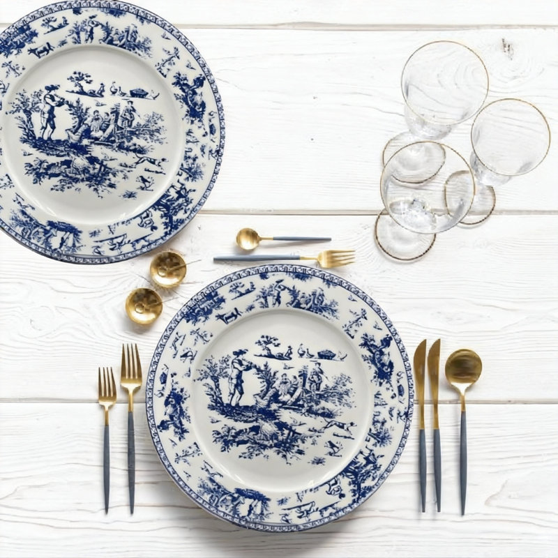 Assiettes plates en céramique, plat de service plat rond Rodriguez Inch pour apéritif, salade, dessert et steak, ensemble de 6, (bleu)