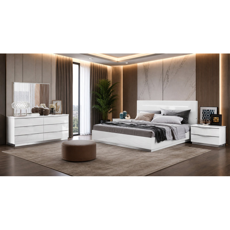 Ensemble de chambre à coucher blanche 5 pièces Infinity Casa Bianca | Grand lit + 2 tables de chevet + commode + miroir