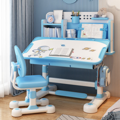 Kids Study Desk Chair Set, Height Adjustable School Study Table Chair Set With Sitting Corrector, Book Stand, Foot Pedal, Partition Design (Blue)