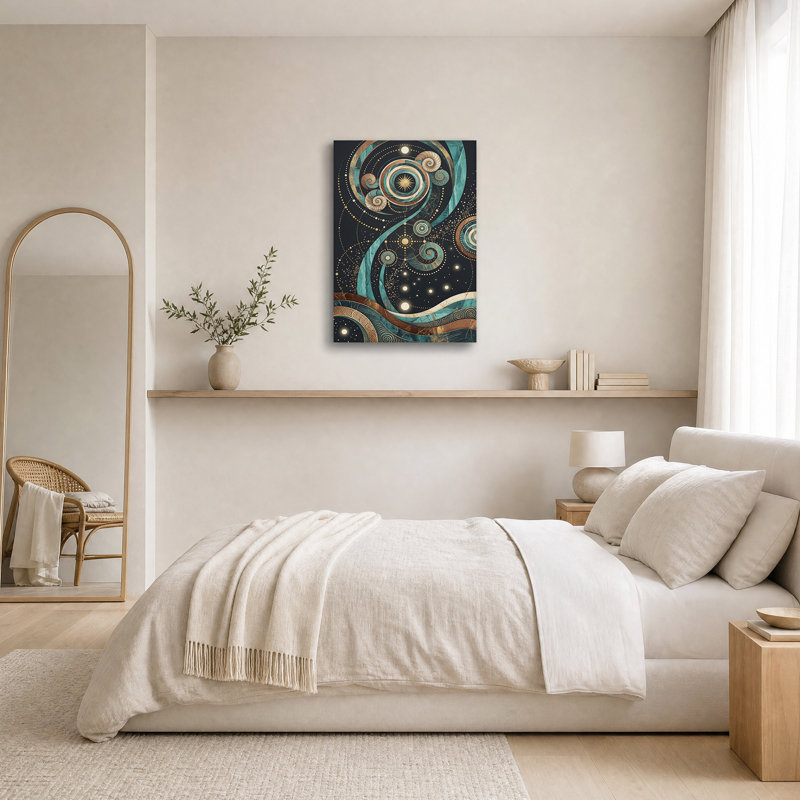 Tableau mural en toile spirale ammonite étoilée turquoise et or, H 30 po x l 20 po
