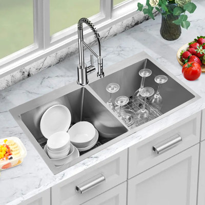 Belfry Kitchen 55.9mm W Double Bowl Stainless Steel Drop-In Kitchen Sink with 1 Faucet Hole