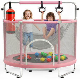 Hurtle 55" Trampoline for Kids with Safety Enclosure - 440lbs Capacity Indoor/Outdoor Toddler Trampoline with Adjustable Gymnastics Bar, Swing, Boxing Bag & Rings - Birthday Toy Gift 