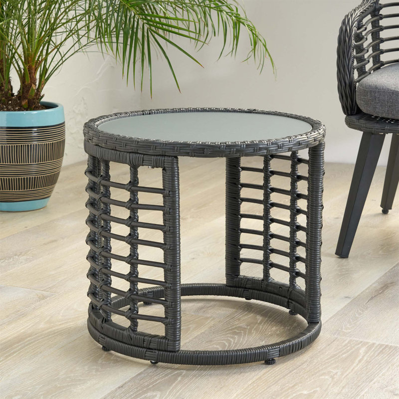 TATIANA Modern Boho Side Table with Tempered Glass Top and Steel Frame, Perfect for Indoor Decor, Grey