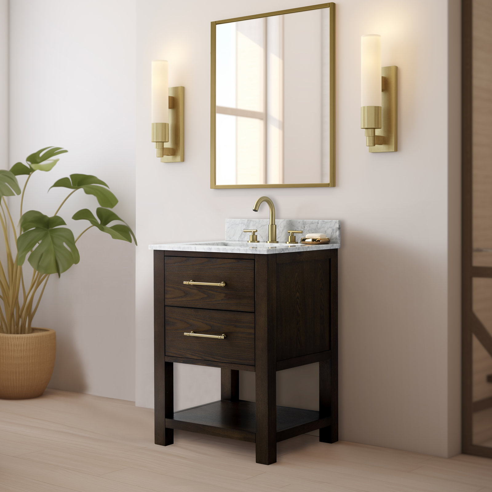 Keri 24'' Single Bathroom Vanity, Brown Oak/Antique Brass