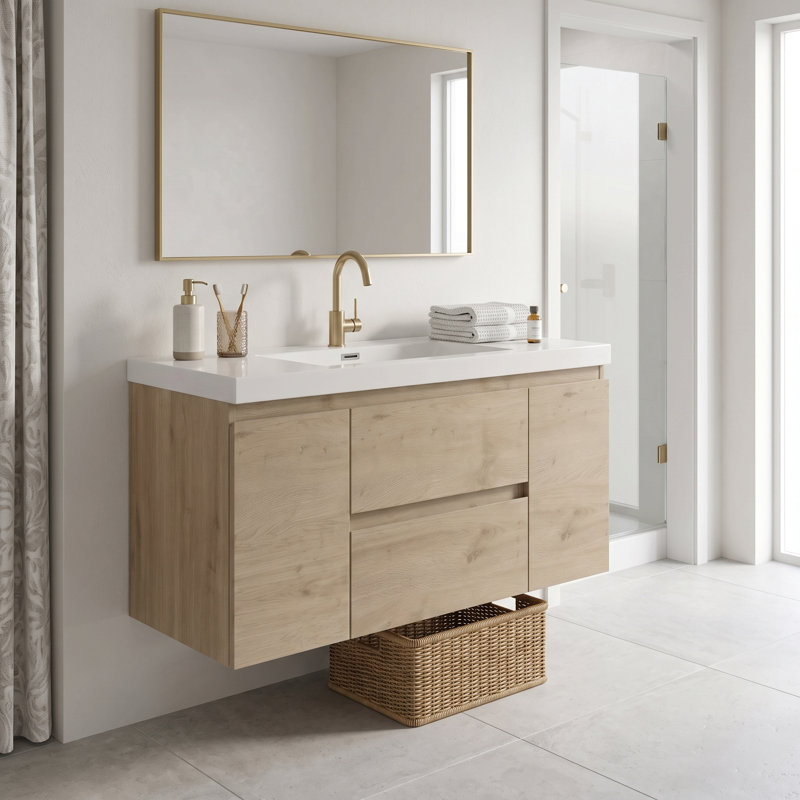 Meuble-lavabo mural en mélamine de bois de 48 po, aspect bois naturel, résistant à l'usure et aux égratignures, surface non poreuse et facile à nettoyer, préassemblé