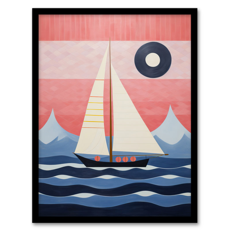 Setting Sail Sailboat Mountain Coastal Landscape Geometric - Single Picture Frame Print
