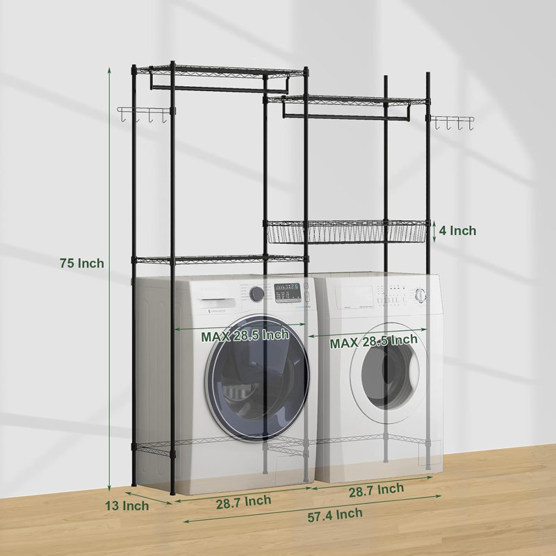 Laundry Room Clothes Drying Rack, Over The Washer and Dryer Storage Shelf, Clothes Drying Rack with Laundry Hamper and Hooks