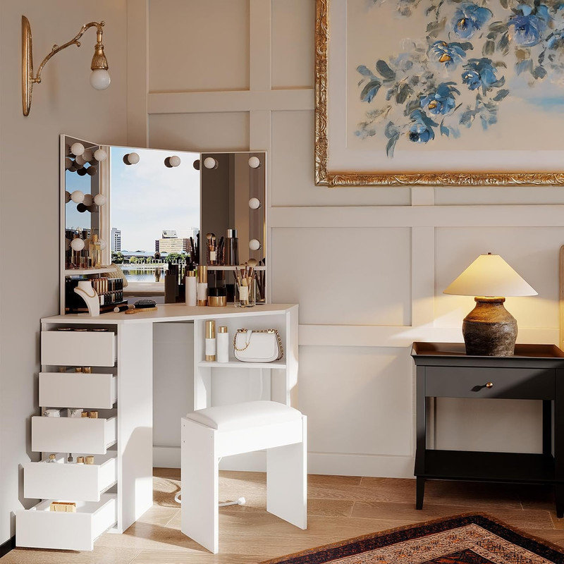 Vanity Set with Tri-Fold Mirror and LED Lighting, Corner Desk with Stool, Drawers, and Shelves, White