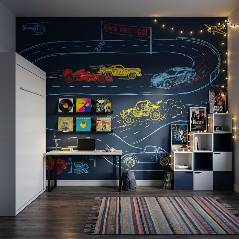 Racetrack Wallpaper Race Cars Chalkboard Sketch Removable Wall Decor, 100"x96", Peel and Stick