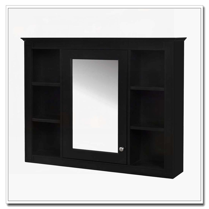 35" x 27.5" Wall Bathroom Cabinet with Mirror,Cabinet,6 Open Shelves, Black