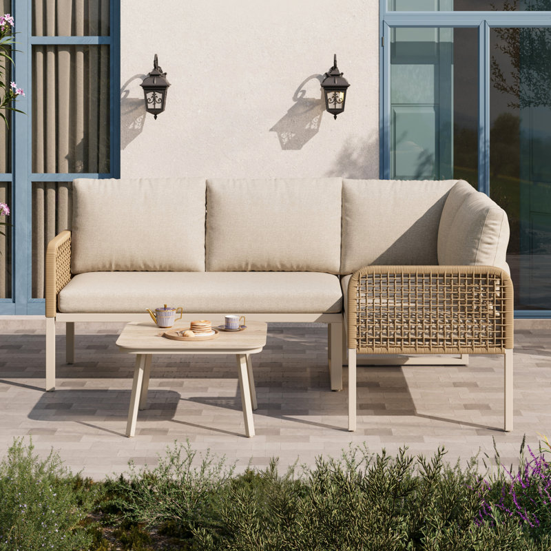 3-Piece Modular Outdoor Sofa Set With Glass Table & Polyester Rope, Beige