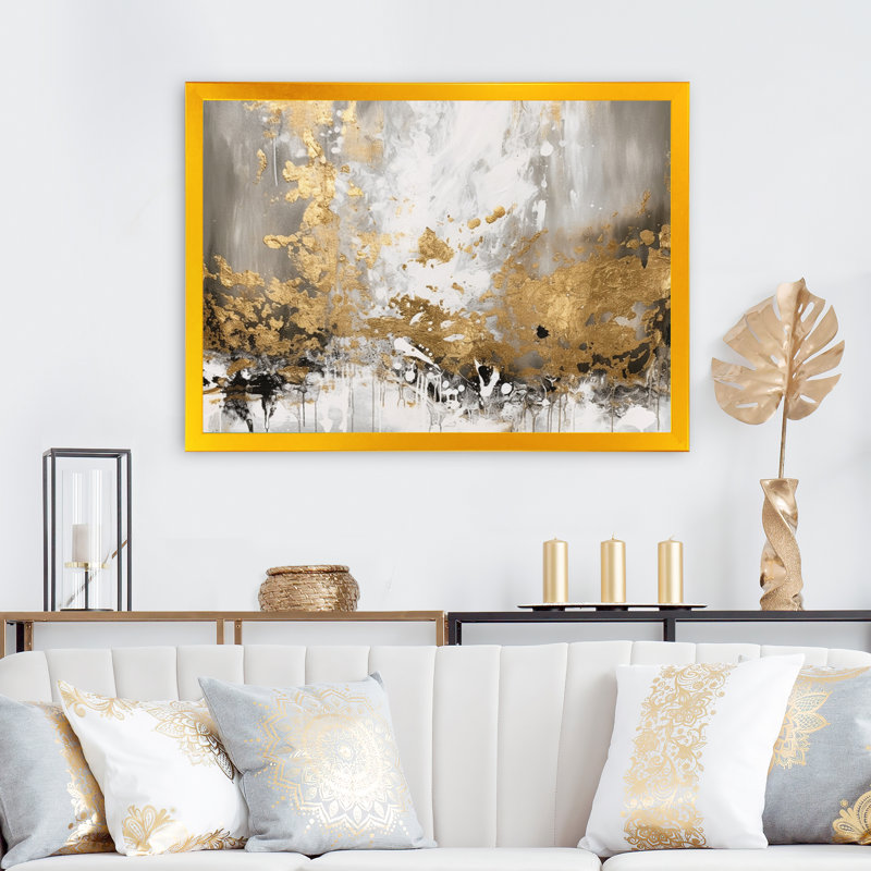 Or et blanc abstrait - art mural abstrait, Cadre doré simple, H 34 po x l 44 po x P 1,5 po