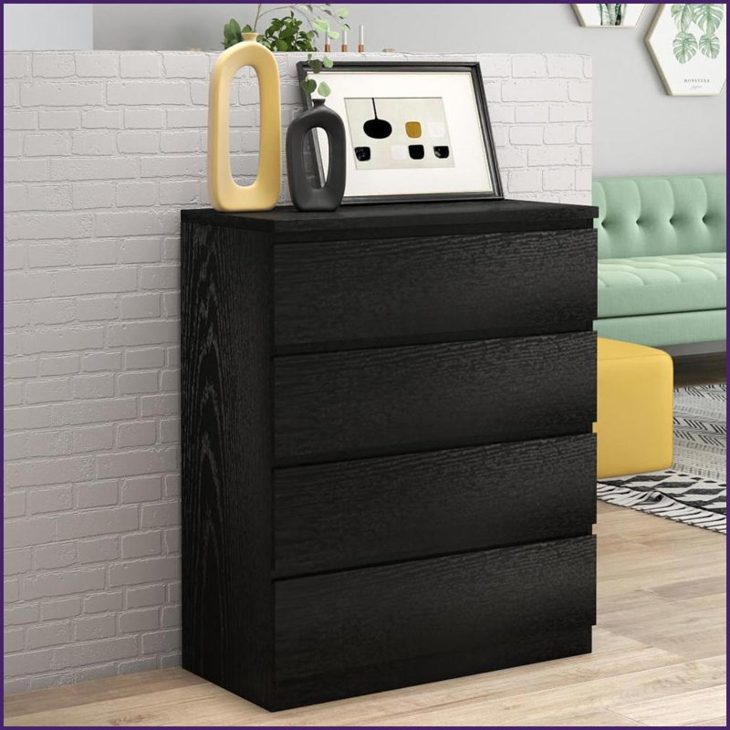 Commode, 4 tiroirs moderne sans poignée 31,5 po | Noir | Panneau de particules