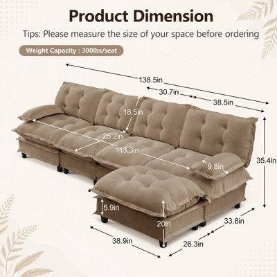 138 Inch L Shaped Modern Sofa with Ottoman, 4-Seat Chenille Deep Seat, Comfy Lattice Cushion, Light Coffee