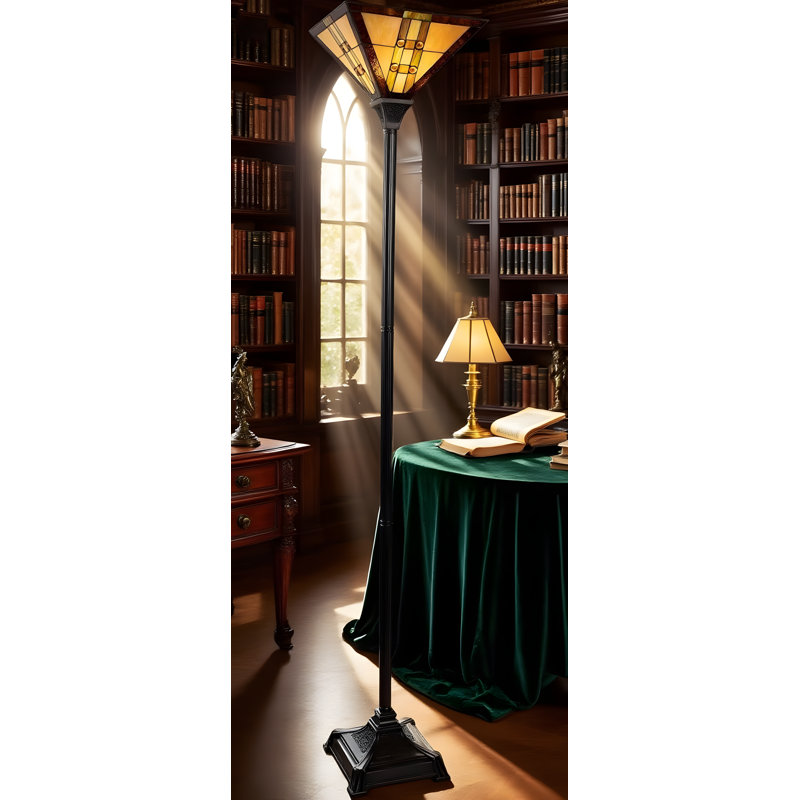 Lavish Home Tiffany Style Floor Lamp With LED Bulb - Handcrafted Stained Glass Mission Design Torchiere Lighting For Vintage Home Decor