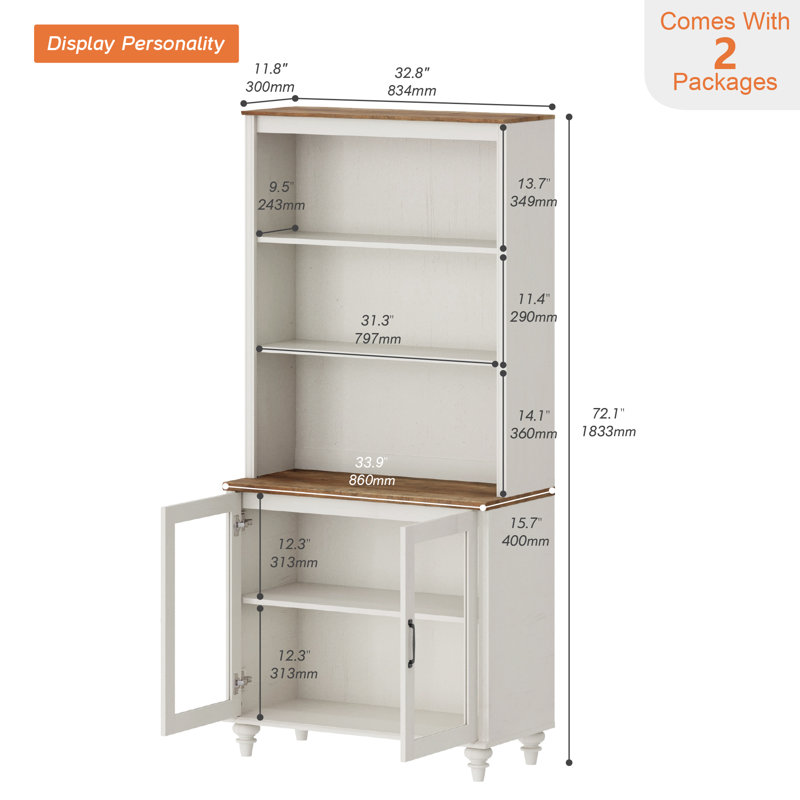 Scarlett 72.1"H X 33.9"W Flesh-Colored Bookcase With Doors, 5 Tier Bookshelf, 72'' Tall Book Case Shelf With Glass Storage Cabinets, Large Bookcases Farmhouse Bookshelves For Living Room Bedroom Home Office Kitchen, 34''
