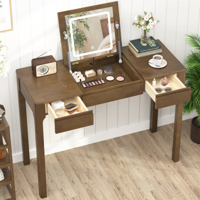 Solid Wood Makeup Vanity Desk with Flip Top LED Lighted Mirror & Storage Drawers, 3-in-1 Convertible Small Makeup Dressing Table, Compact Bedroom Makeup Vanity Table for Small Spaces-Walnut
