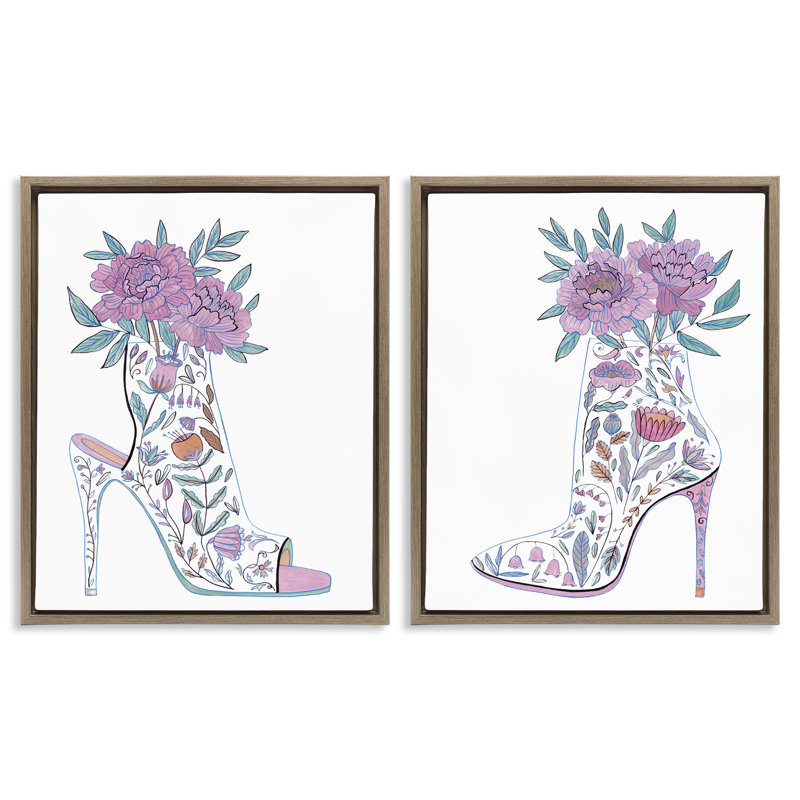 Ensemble de 2 bottes à talon aiguille floral encadrées par Melissa Wang, H 21 po x l 17 po, Cadre flottant orme Montalcino