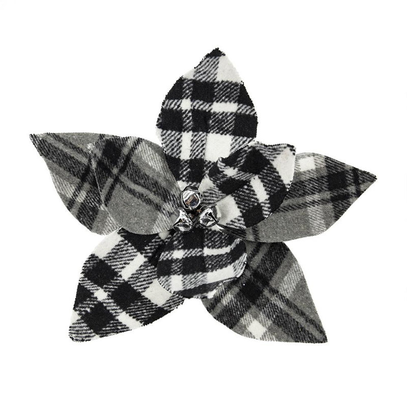 13" Black and White Plaid Poinsettia Stems Set of 12