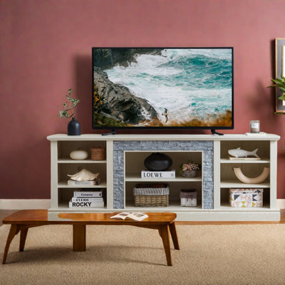 Spacious Mdf Tv Stand With Faux Stone, Modern Storage Console, Home Entertainment