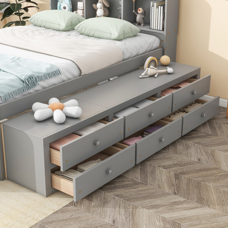 Lit double avec tête de lit bibliothèque, tiroirs de rangement sous le lit et étui de rangement, Gris