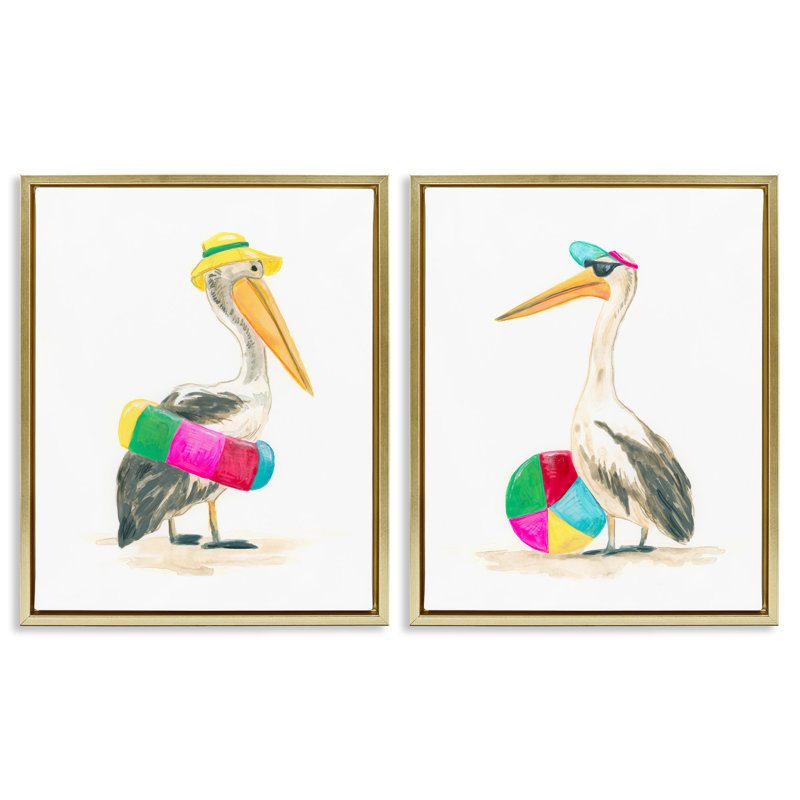 «Pelicans & Beach Floats», ensemble de 2 toiles flottantes encadrées par June Erica Vess, Cadre flottant métallique doré