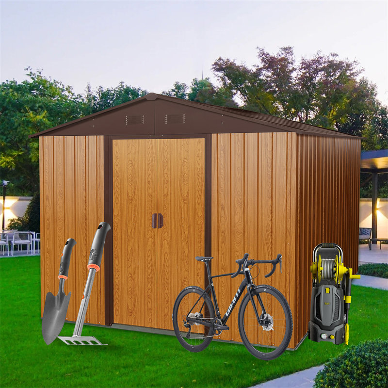 8Ft X 10Ft Outdoor Metal Storage Shed With Metal Foundation, 74.8" H x 88.98" W x 114.57" D, Coffee