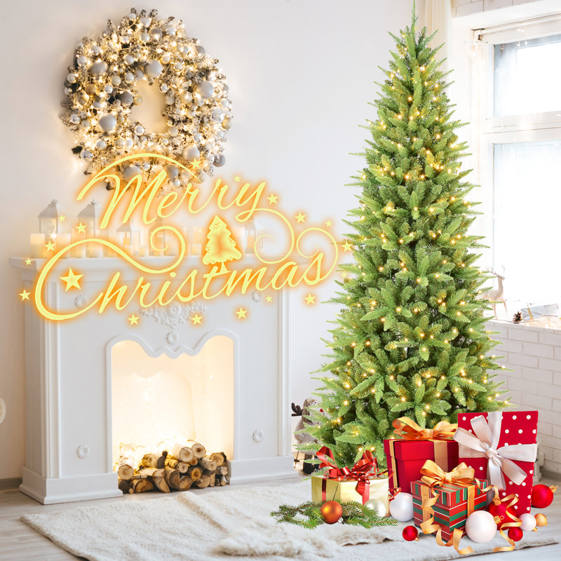 Arbre de Noël de 5 pi avec 200 lumières à DEL blanc chaud pré-enfilées, 610 pointes Pe +, conception à charnières peu encombrante pour les coins étroits, installation mixte rapide et facile