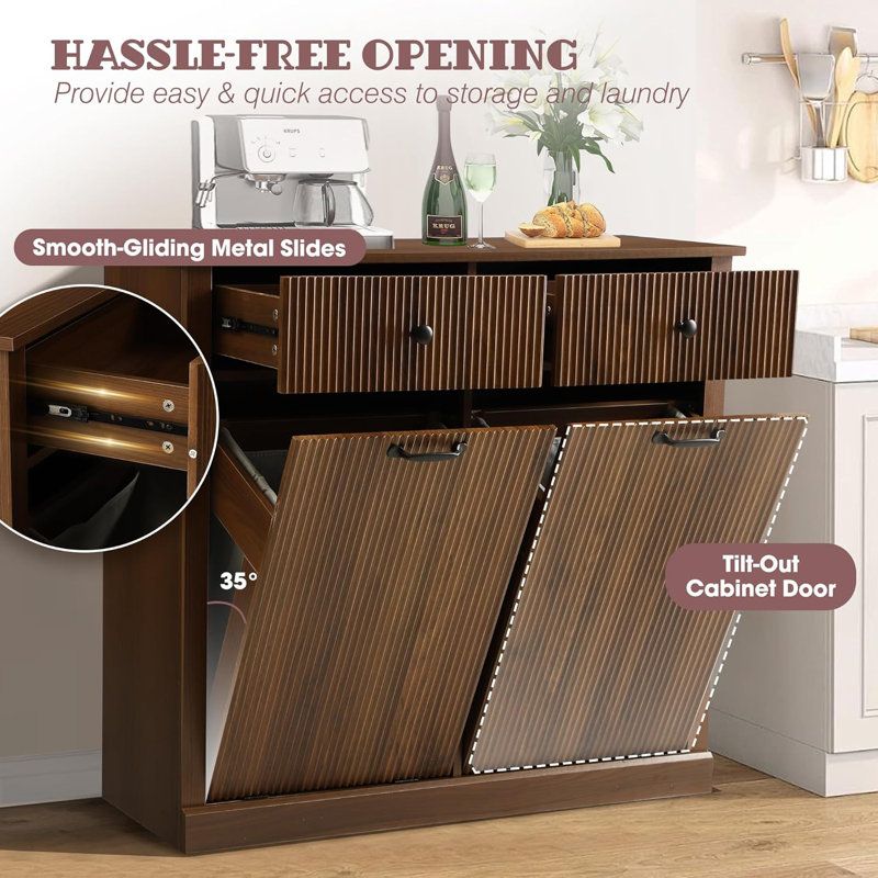 Armoire à linge à double basculement double, armoires à poubelle cannelées modernes avec tiroir, armoire à ordures en bois pour la cuisine et la salle de bain