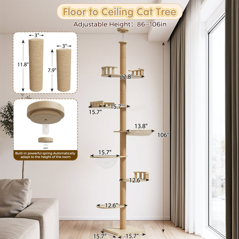 Arbre à chat - Tour réglable du plancher au plafond (86 à 105 po) avec 6 niveaux, poteaux à griffer en chanvre et coussins lavables amovibles pour chats actifs