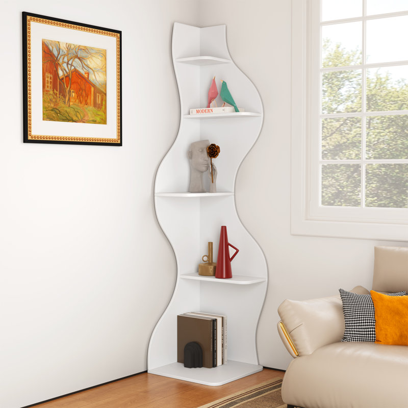 Corner Bookshelf, 5 Tier Modern Wall Shelf Bookcase Small Storage Rack Stylish Accent Wavy For Small Space, Plant Stand, Orange
