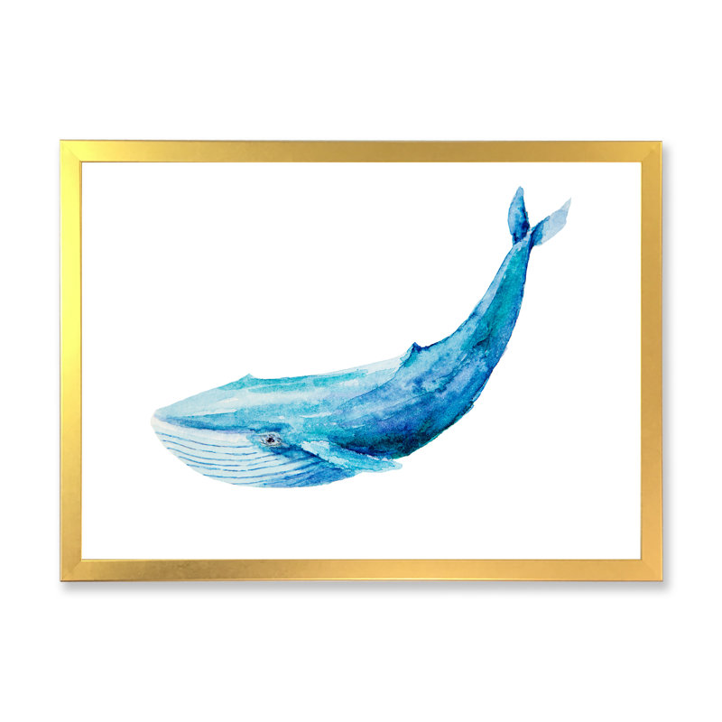 Baleine bleue sur fond blanc II - peinture sur toile, H 16 po x l 32 po, Toile à cadre d'angle fermé doré