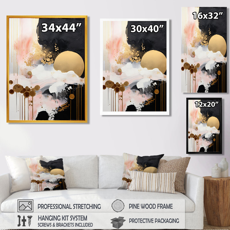 «Golden Full Moon Rising», art mural abstrait, H 20 po x l 12 po x P 1 po, Toile avec cadre flottant noir