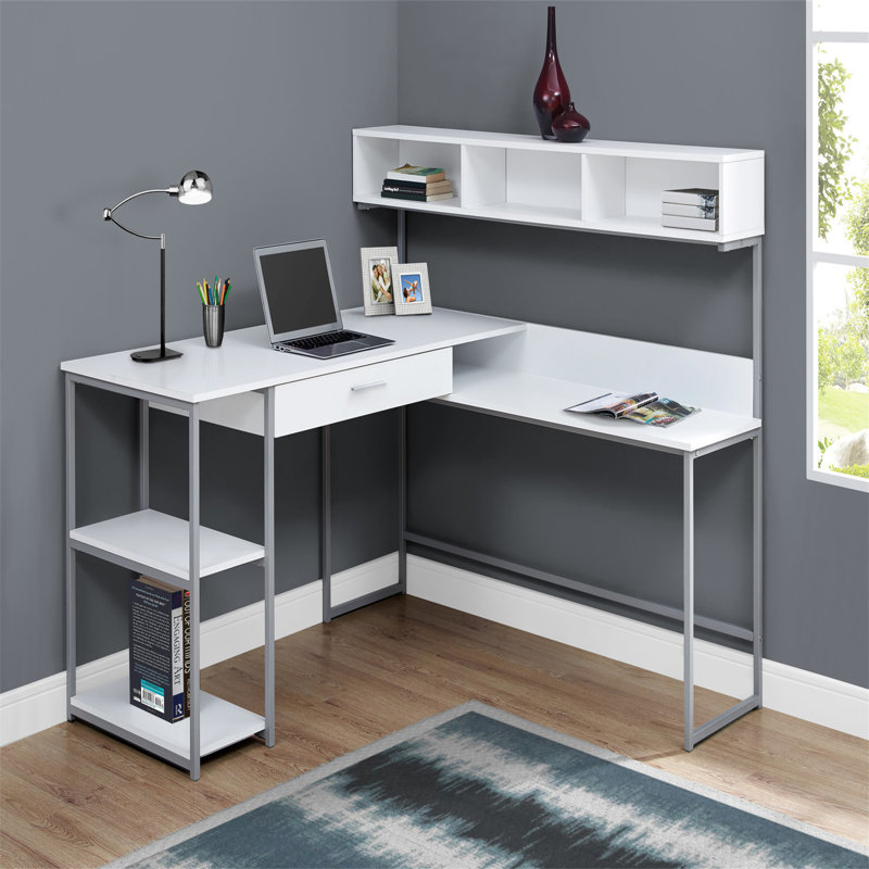 Bureau d'ordinateur, bureau personnel, coin, tiroirs de rangement, forme en L, stratifié brun, métal noir, Blanc