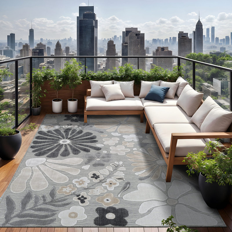 Tapis floral d'intérieur pour l'extérieur, Beige, Rectangle 9' x 12'
