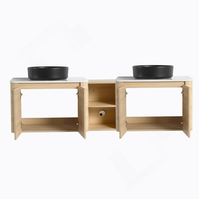 Meuble-lavabo mural 72 po avec lavabo d'art en céramique, tablettes de rangement et portes à fermeture en douceur, peu encombrant et élégant