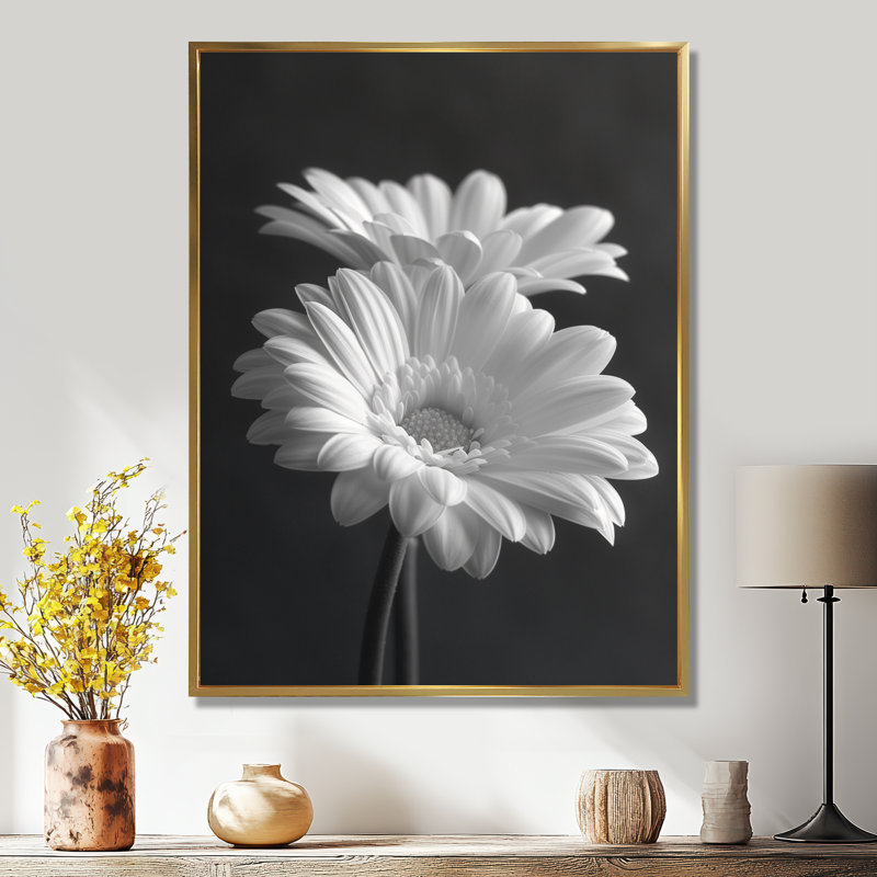 Monochromes noir et blanc «Bliss Daisy Photo I» - impression d'art mural marguerites, Cadre flottant doré, H 24 po x l 32 po