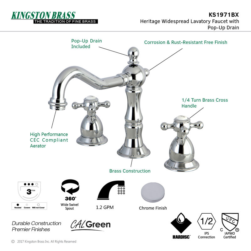 Kingston Brass Heritage Two-Handle 3-Hole Deck Mount Widespread Bathroom Faucet with Brass Pop-Up Drain, Polished Chrome