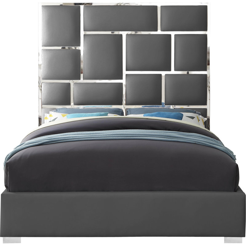 Uthyr Upholstered Panel Bed, King, Grey Vegan Leather
