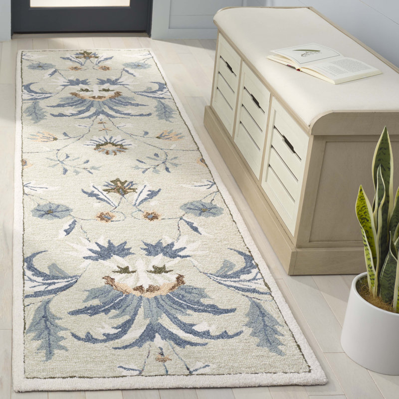 Oech Hand Tufted Wool/Cotton Performance Floral Rug in Sage/Blue, Runner 2'6" x 8'