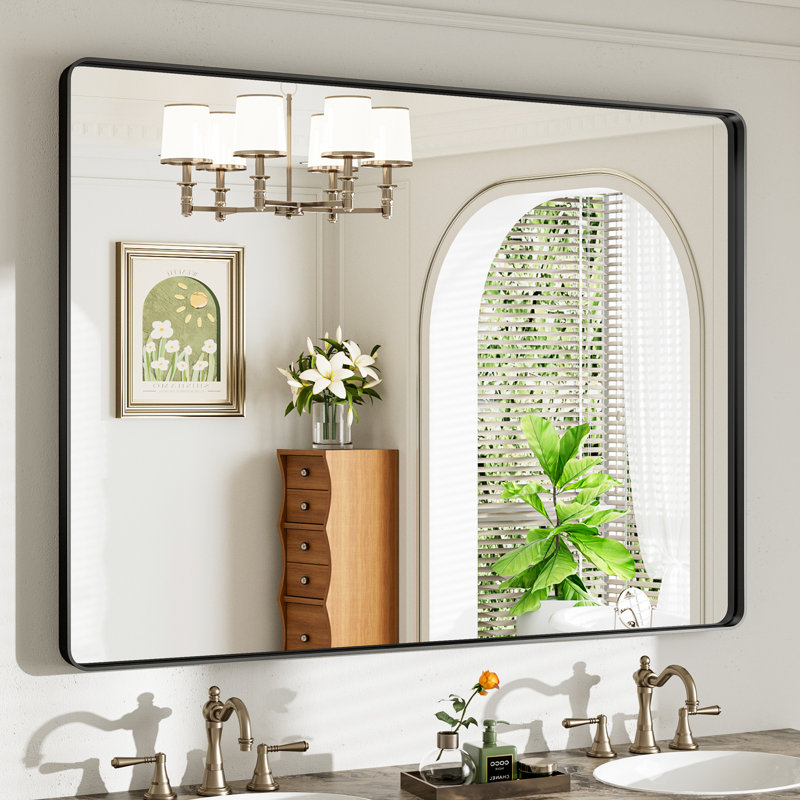 Miroir de salle de bain mural Llesenia, Noir mat, 48 po x 36 po, Rectangulaire
