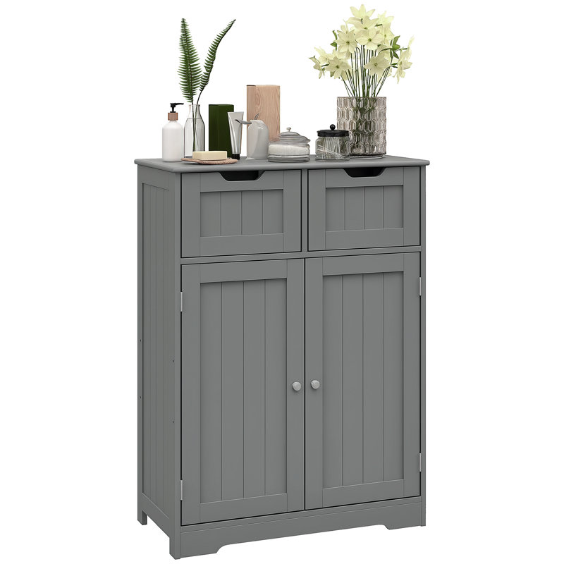 Armoire de salle de bain autoportante avec 2 tiroirs et tablette réglable, Gris