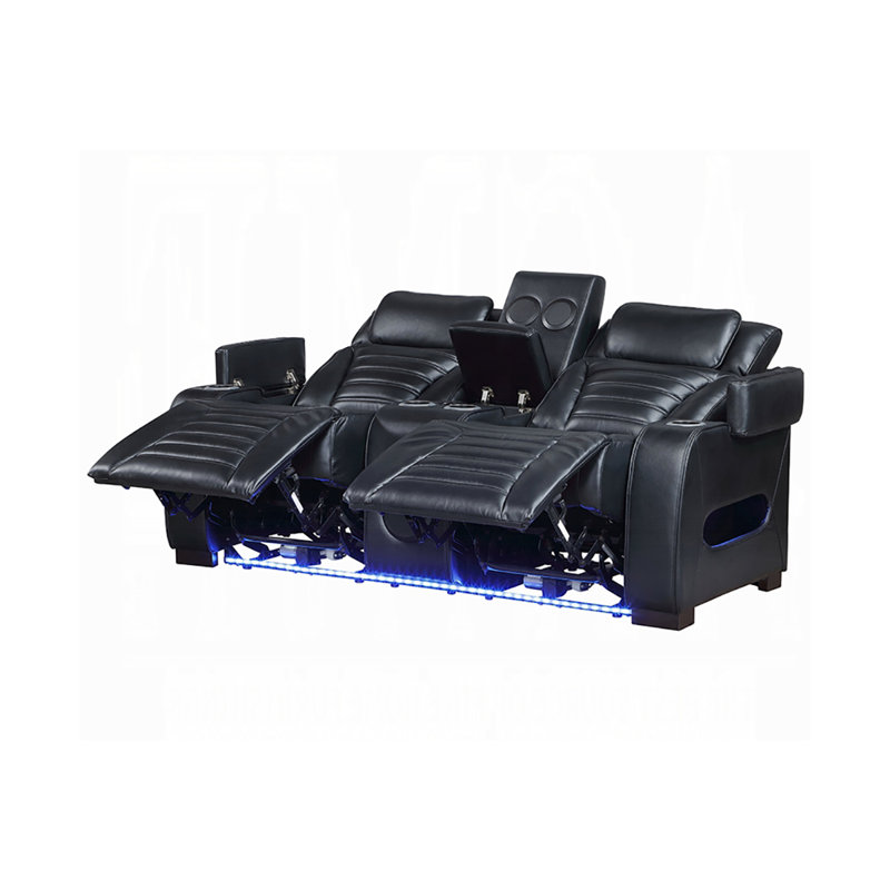 Canapé deux places à réglage électrique de 75,4 pouces avec console, appuie-têtes électriques, éclairage DEL et haut-parleurs, intérieur en cuir noir.