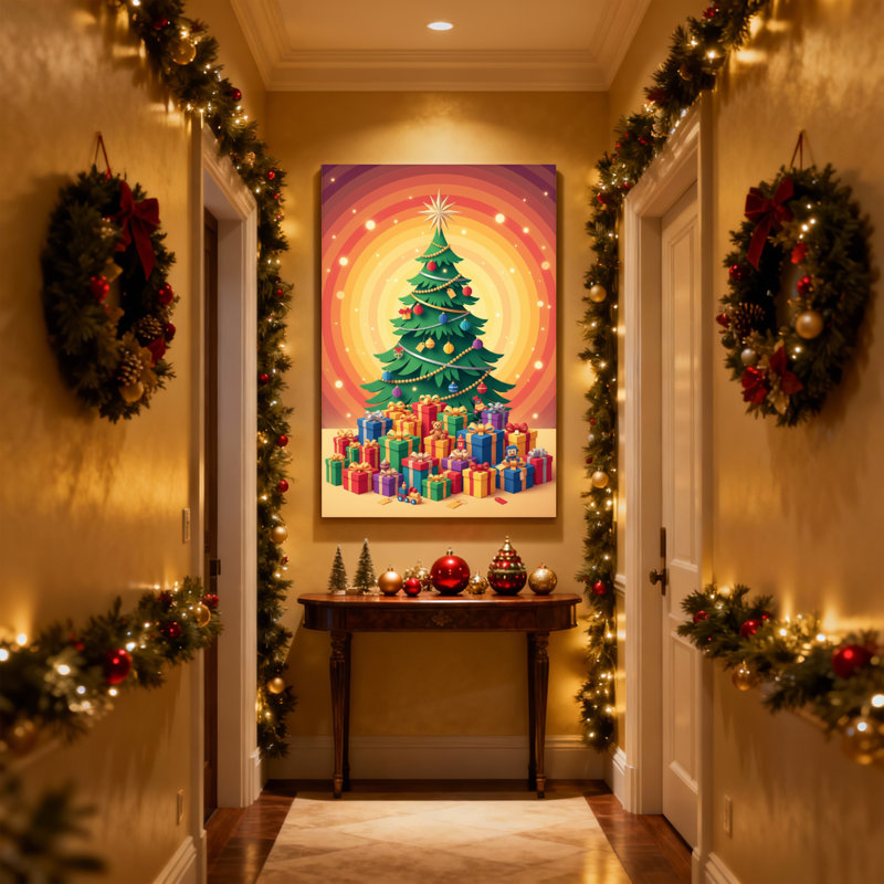 Arbre de Noël de Noël avec cadeaux et lumières, ensemble de 3 impressions sur toile, H 30 po x l 20 po
