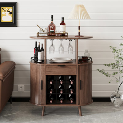 Modern Wine Bar Cabinet, Wood Liquor Cabinet Bar For Home With Wine Rack And Glass Holder, Fluted Buffet Sideboard With Storage For Kitchen, Dining Room, Living Room