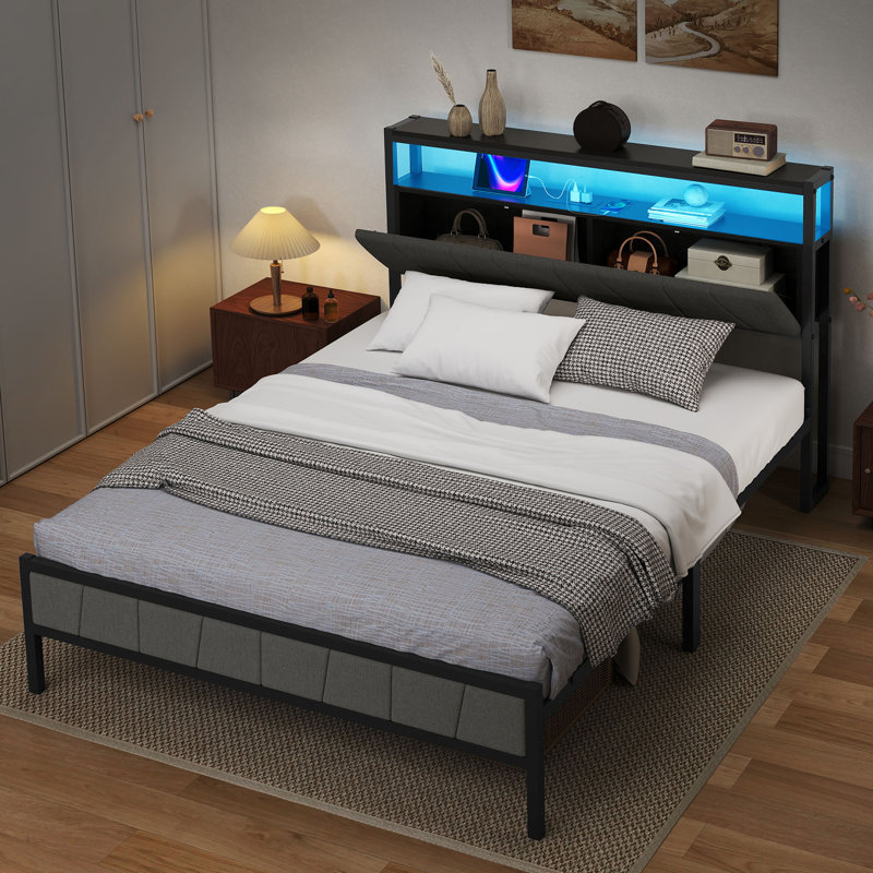 Storage Upholstered Platform Bed with LED Lighting Included and Built In USB Port, Full 