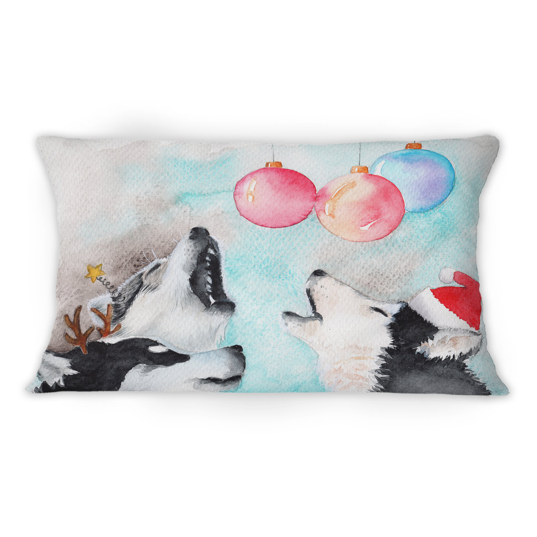 Three Funny Cute Husky Dogs In Christmas Hats - Traditional Printed Throw Pillow 1 Design Art