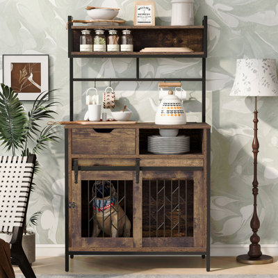 2 IN 1 Rustic Dog Crate Side Cabinet Organizer, Hutch Kitchen Cabinet With Storage, Dog Kennel With Cup Board, Drawers by Ophelia & Co.