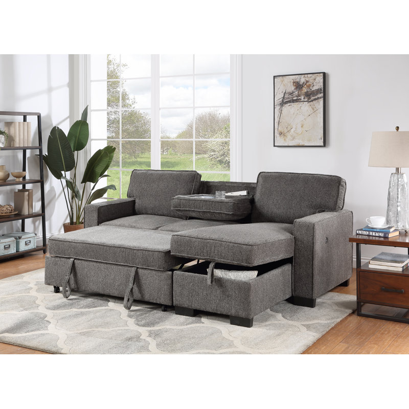 Toeterville Estelle Fabric Reversible Sleeper Sectional with Storage Chaise Drop-Down Table 2 Cup Holders and 2 USB Ports
