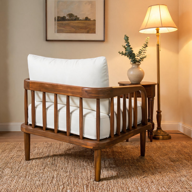 Chaise de patio en bois d'acacia avec accoudoirs à lattes, chaise longue d'extérieur à assise profonde